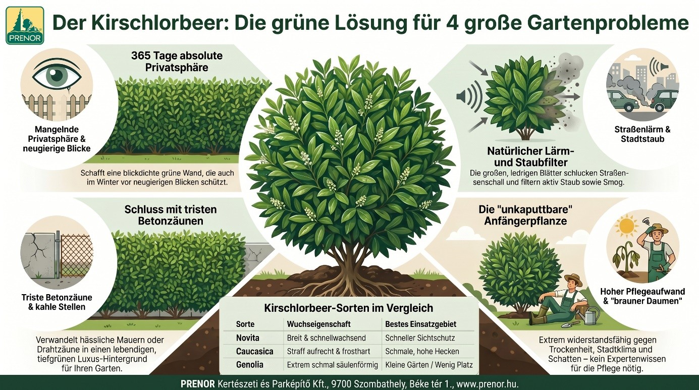 Infografik Kirschlorbeer als Lösung für Gartenherausforderungen: immergrüne Privatsphäre, natürliche Lärm- und Staubfilterung sowie Kaschierung von Beton- und Sichtschutzzäunen – PRENOR Kft. Kirschlorbeer_für_die_Herausforderungen_des_Gartens.jpg