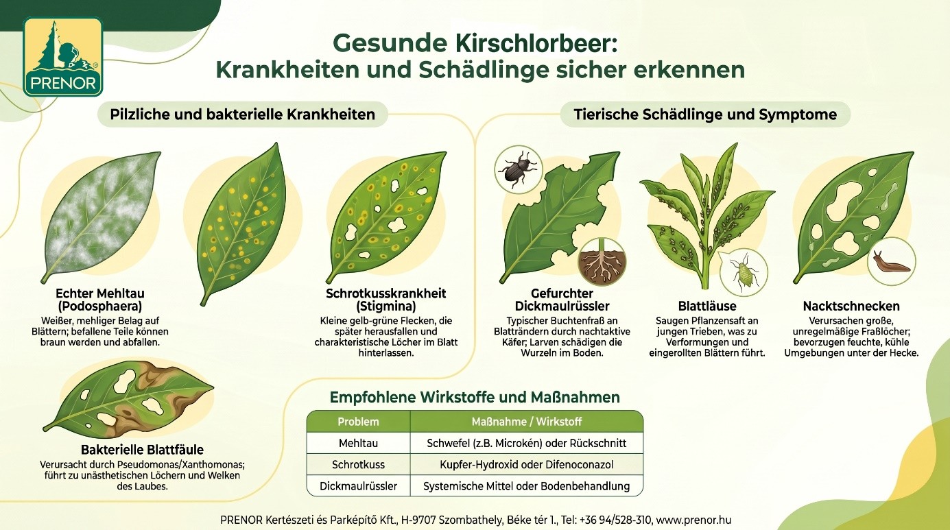 Wirksame Pflanzenschutz-Anleitung gegen Krankheiten und Schädlinge am Kirschlorbeer, Behandlung von Mehltau und Stigmina – PRENOR Kft. Kirschlorbeer_Gesundheits‑ und Pflanzenschutzleitfaden