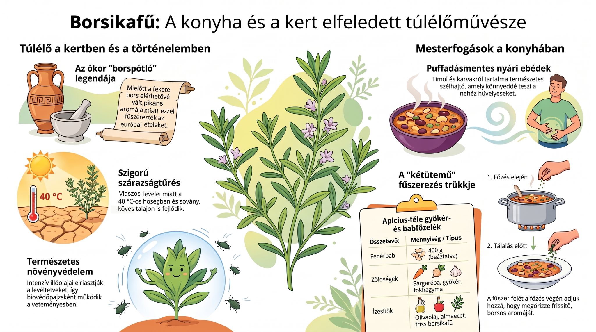 Infografika a borsikafű (csombor) tulajdonságairól és konyhai felhasználásáról. A képen egy sziklakerti környezetben és cserépben nevelt borsikafű látható, körülötte az ókori római borspótló eredettel, a szárazságtűréssel, a bio-növényvédelmi hatással (levéltetvek elleni védelem) és a puffadásgátló emésztésjavító tulajdonsággal kapcsolatos illusztrációkkal. Borsikafüves_ókori_fehérbabfőzelék_receptje