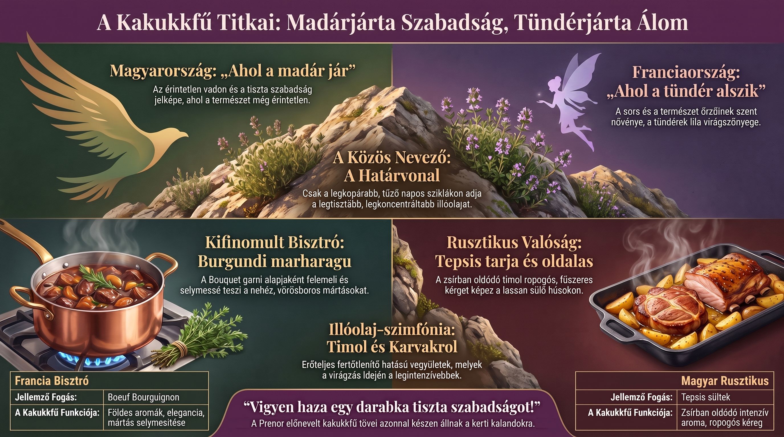„Összetett infografika a kakukkfű mitológiájáról és gasztronómiai felhasználásáról a PRENOR Kertészeti Áruházból. A felső részben a magyar 'madárjárta' és a francia 'tündérjárta' kultúrkör jelenik meg a sziklás hegyvidéken, míg az alsó részben a burgundi marharagu és a tepsis tarja sültek receptjei, valamint a timol illóolaj-tartalom olvasható.” a-kakukkfu-titkai-infografika-prenor.jpg