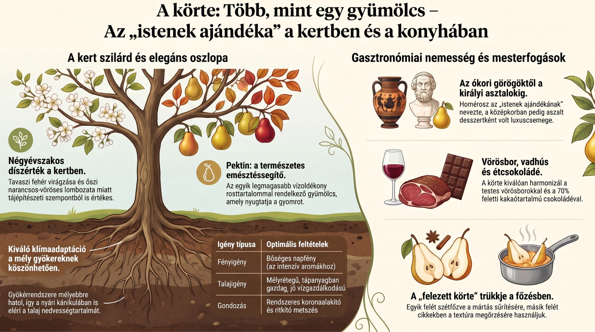 Részletes, kétrészes infografika a körtefáról. A bal oldalon egy kifejlett, virágzó és gyümölcsöt hozó körtefa illusztrációja látható mélyre hatoló gyökérzettel, amely a szárazságtűrést és a klímaadaptációt szimbolizálja. A fához kapcsolódóan szerepel a négyévszakos díszérték, az emésztést segítő magas pektintartalom, valamint a fény-, talaj- és gondozási igényeket összefoglaló táblázat. A jobb oldalon a kultúrtörténeti gyökerek (Homérosz, ókori görögök, királyi asztalok) és a gasztronómiai mesterfogások találhatók: vörösbor, vadhús és étcsokoládé párosítása, valamint a „felezett körte” trükkje a főzésben. Infografika a körtefa klímatűréséről, mély gyökérzetéről, pektintartalmáról, kultúrtörténetéről és a felezett körte főzési trükkjéről.