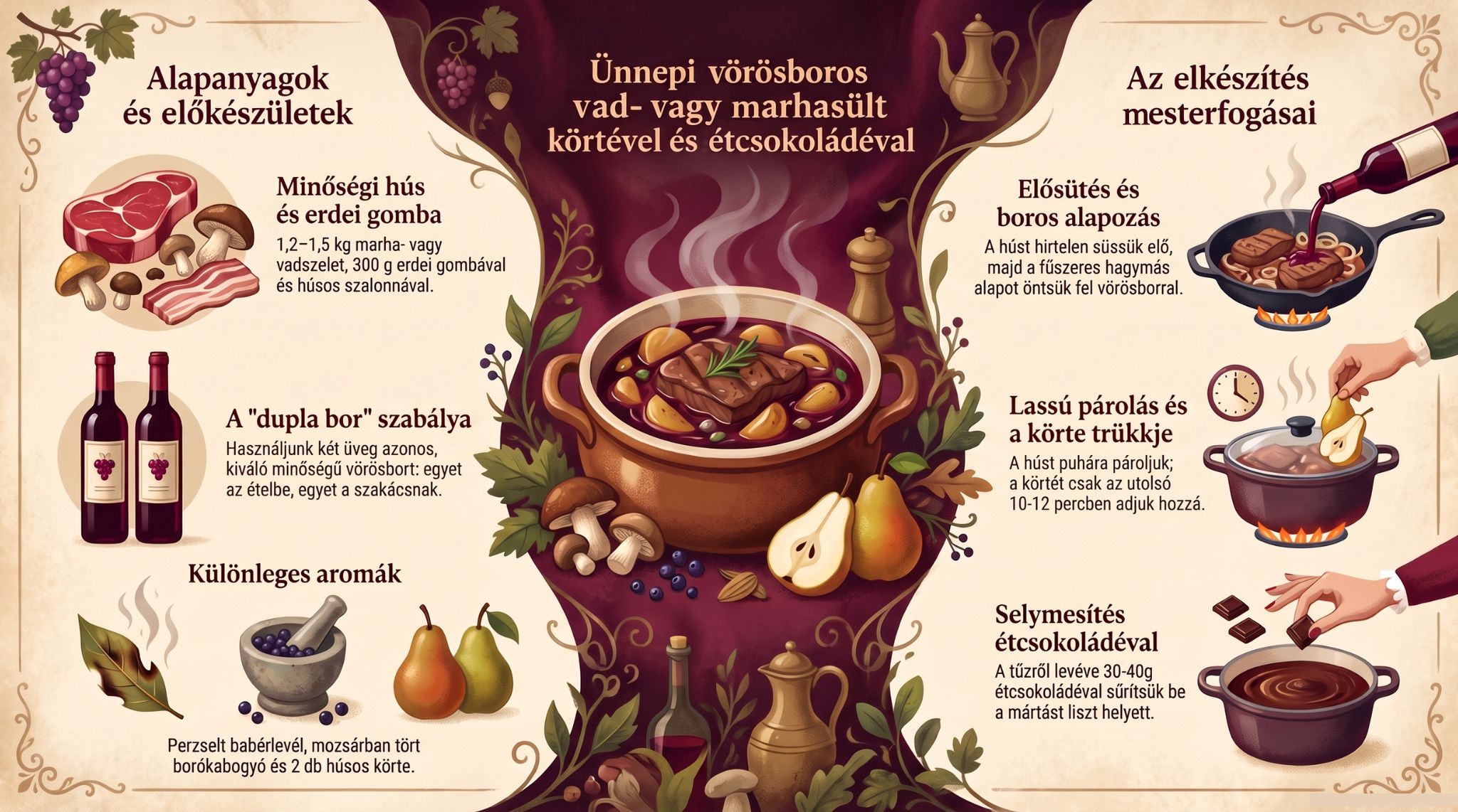 Sötét tónusú, elegáns receptet közlő infografika egy gőzölgő kerámia edényben készülő vörösboros sült képével a középpontban. A bal oldalon az alapanyagok és előkészületek láthatók: marha- vagy vadszelet erdei gombával és szalonnával, a „dupla bor” szabály két üveg borral, valamint a különleges aromák (perzselt babérlevél, mozsárban törött boróka, húsos körte). A jobb oldalon az elkészítés lépései láthatók rajzokkal: hús elősütése és boros alapozás, lassú párolás a körte hozzáadásával az utolsó 10-12 percben, valamint a mártás selymesítése 70-85%-os étcsokoládéval tűzről levéve. Recept-infografika az ünnepi vörösboros marha/vadsült elkészítéséről körtével, erdei gombával, perzselt babérral és étcsokoládéval.