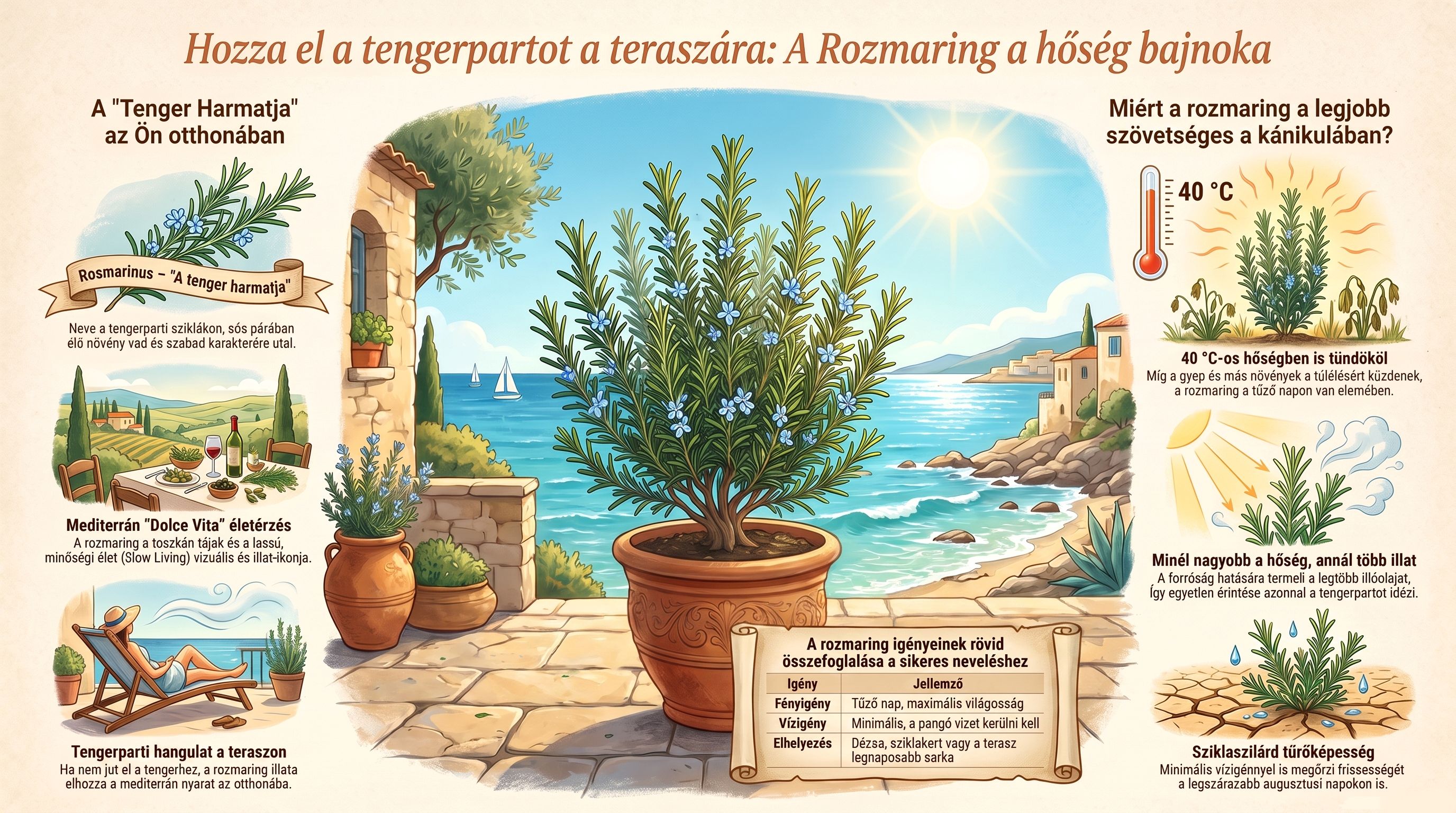 Infografika a rozmaring kánikulai és hőtűrési tulajdonságairól „Hozza el a tengerpartot a teraszára: A Rozmaring a hőség bajnoka” címmel. A képen egy tengerparti teraszon lévő cserépes rozmaring látható, körülötte a növény igényeivel (tűző nap, minimális vízigény), a Rosmarinus név eredetével („a tenger harmatja”), a 40 fokos hőségben mutatott szárazságtűrésével és a mediterrán életérzéssel kapcsolatos illusztrációkkal. Rozmaring,_a_hőség_mediterrán_bajnoka_jav.jpg