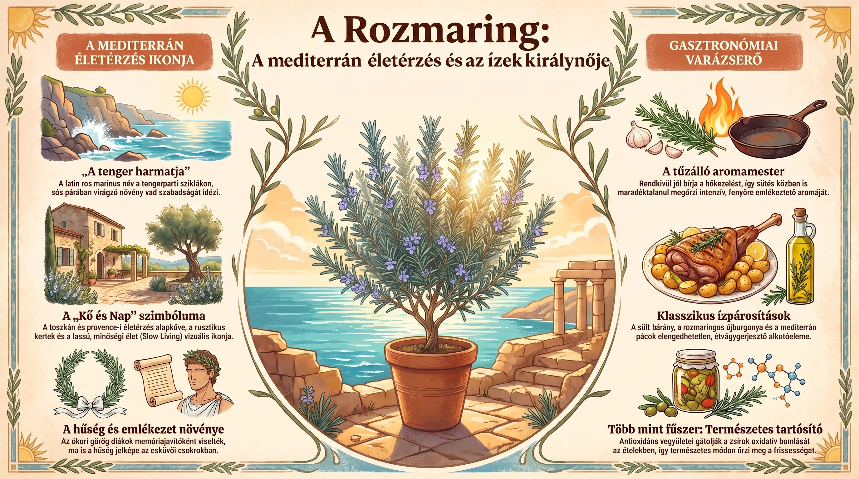 Infografika a rozmaring gasztronómiai és kultúrtörténeti jelentőségéről „A Rozmaring: A mediterrán életérzés és az ízek királynője” címmel. A középső képen egy mediterrán tengerparti háttér előtt álló rozmaringcserje látható, mellette a Kő és Nap szimbolikájával, az ókori hűség- és emlékezet-szimbólummal, a tűzálló aromamester tulajdonsággal, a sült bárány és pácolt ételek klasszikus ízpárosításaival, valamint az antioxidáns hatású természetes tartósítással. Rozmaring__a_mediterrán_ízek_királynője_jav.jpg