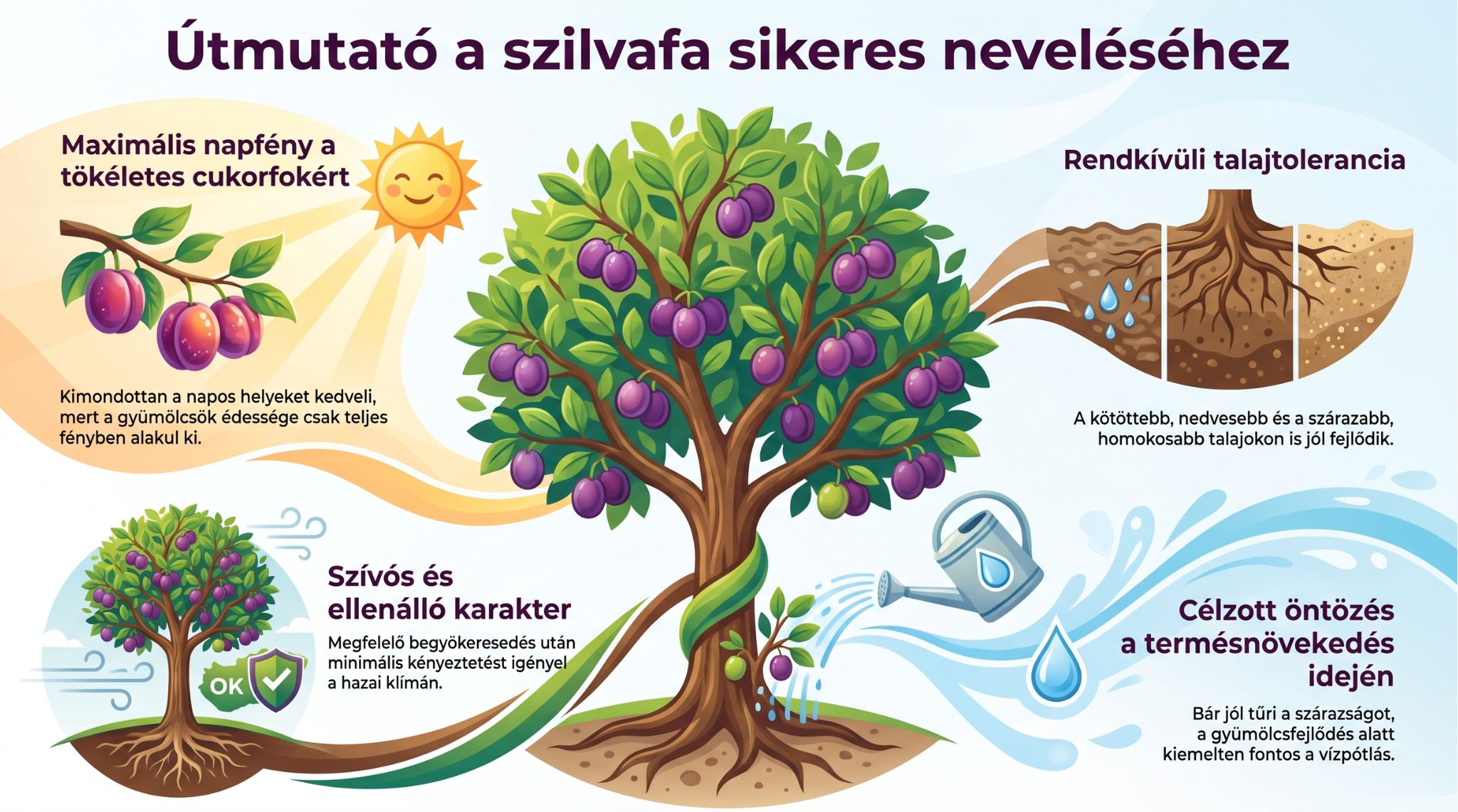 Részletes infografika a szilvafa sikeres neveléséről. A grafika középpontjában egy dús lombú, érett lila szilvákkal teli fa látható, amely köré a legfontosabb kerti tudnivalók lettek rendezve: a maximális napfény igénylése a tökéletes cukorfokért, a rendkívüli talajtolerancia (a kötöttebb és homokosabb talajok jó tűrése), a szívós, minimális kényeztetést igénylő ellenálló karakter, valamint a célzott öntözés fontossága a termésnövekedés idején. Infografika a szilvafa neveléséről: napfényigény, talajtolerancia, szívós karakter és célzott öntözés a bőséges termésért.