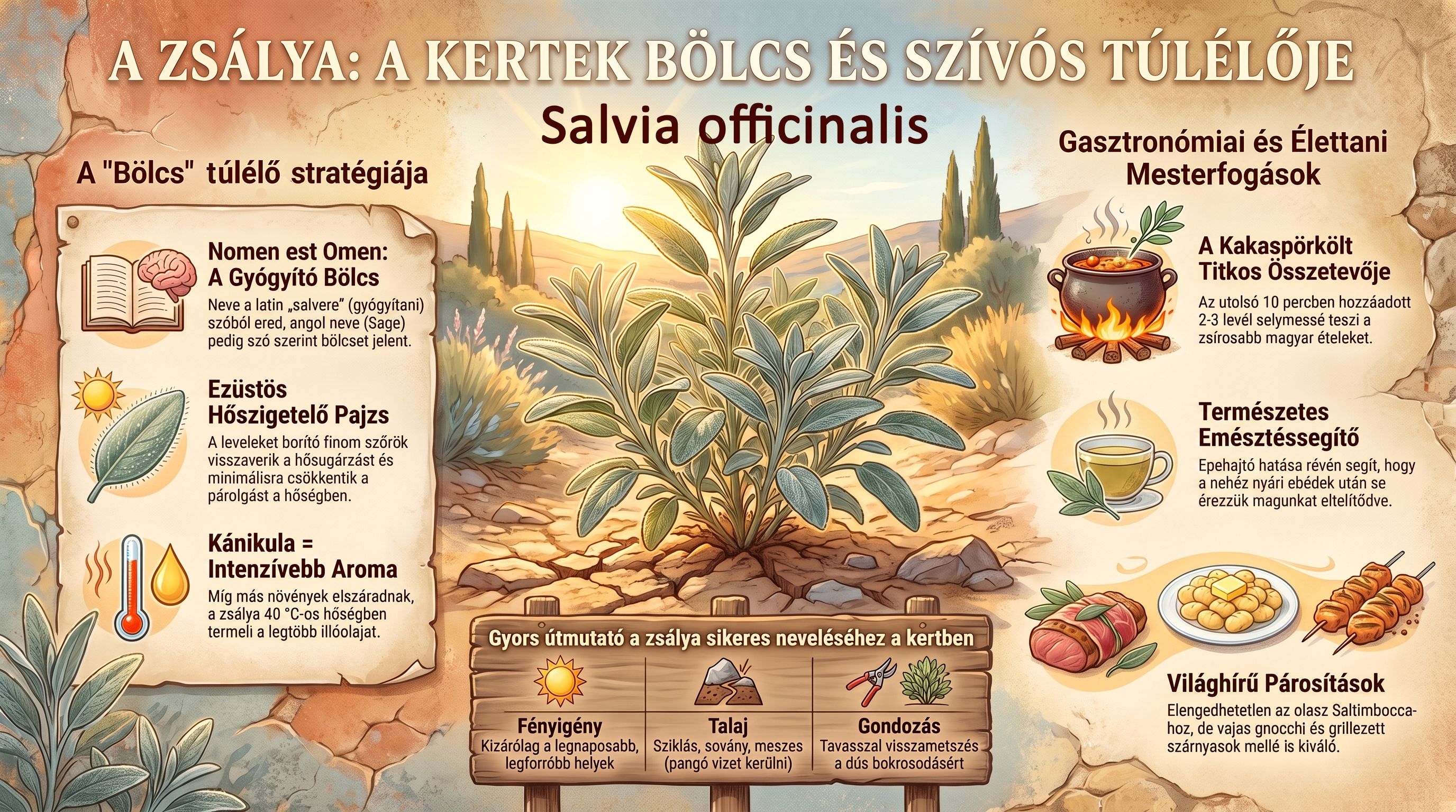 Részletes infografika a zsálya növényélettanáról és gondozásáról. A bal oldalon a hőszigetelő ezüstös pajzs és a kánikulai illóolaj-termelés szerepel. A jobb oldalon az élettani és emésztést segítő hatások láthatók. Alul fa táblán látható a gyors gondozási útmutató: teljes fényigény, sziklás-meszes talaj és tavaszi visszametszés. Infografika a zsálya szárazságtűréséről, ezüstös leveleiről, élettani hatásairól és kerti gondozásáról.