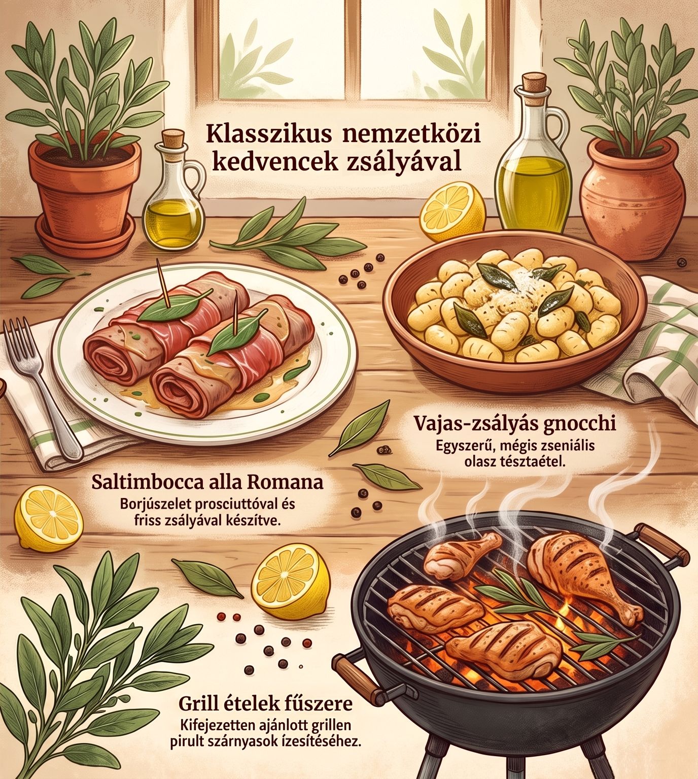 Infografika a zsálya konyhai felhasználásáról. A képen nemzetközi zsályás ételek szerepelnek: Saltimbocca alla Romana, vajas-zsályás gnocchi és grillen pirult szárnyasok. Infografika a zsálya gasztronómiai felhasználásáról: a magyar zsályás kakaspörkölttől az olasz gnocchiig és Saltimboccáig.